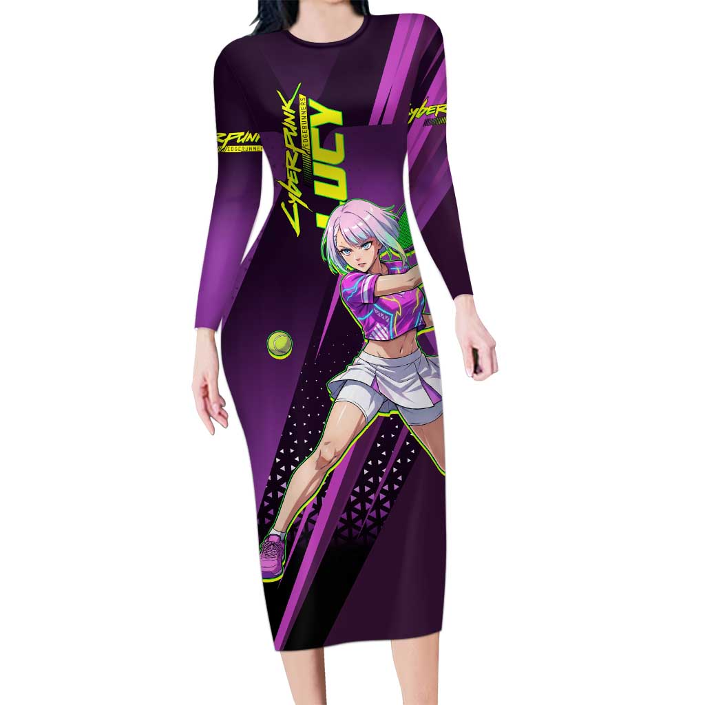 Personalized Lucy Tennis Design Long Sleeve Bodycon Dress with a Cyberpunk Edgerunners Theme Featuring Neon Purple and Dynamic Poses