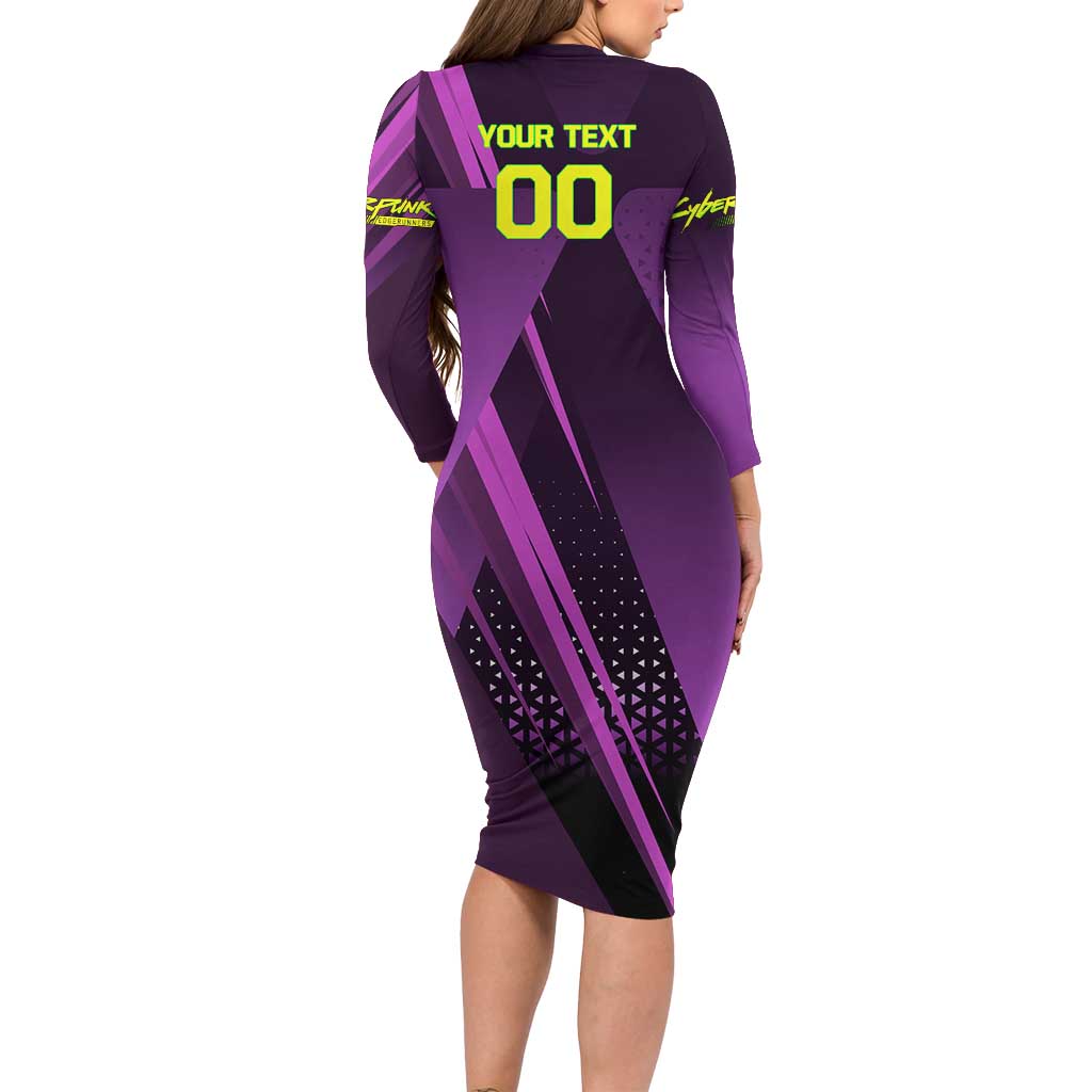 Personalized Lucy Tennis Design Long Sleeve Bodycon Dress with a Cyberpunk Edgerunners Theme Featuring Neon Purple and Dynamic Poses