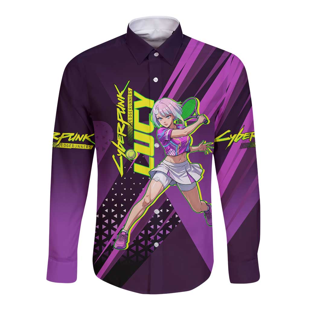 Personalized Lucy Tennis Design Long Sleeve Button Shirt with a Cyberpunk Edgerunners Theme Featuring Neon Purple and Dynamic Poses
