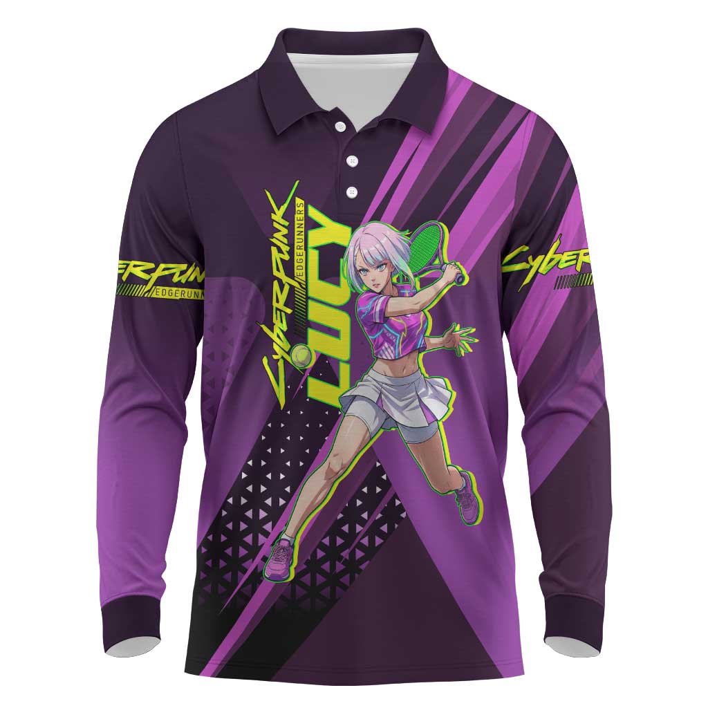 Personalized Lucy Tennis Design Long Sleeve Polo Shirt with a Cyberpunk Edgerunners Theme Featuring Neon Purple and Dynamic Poses