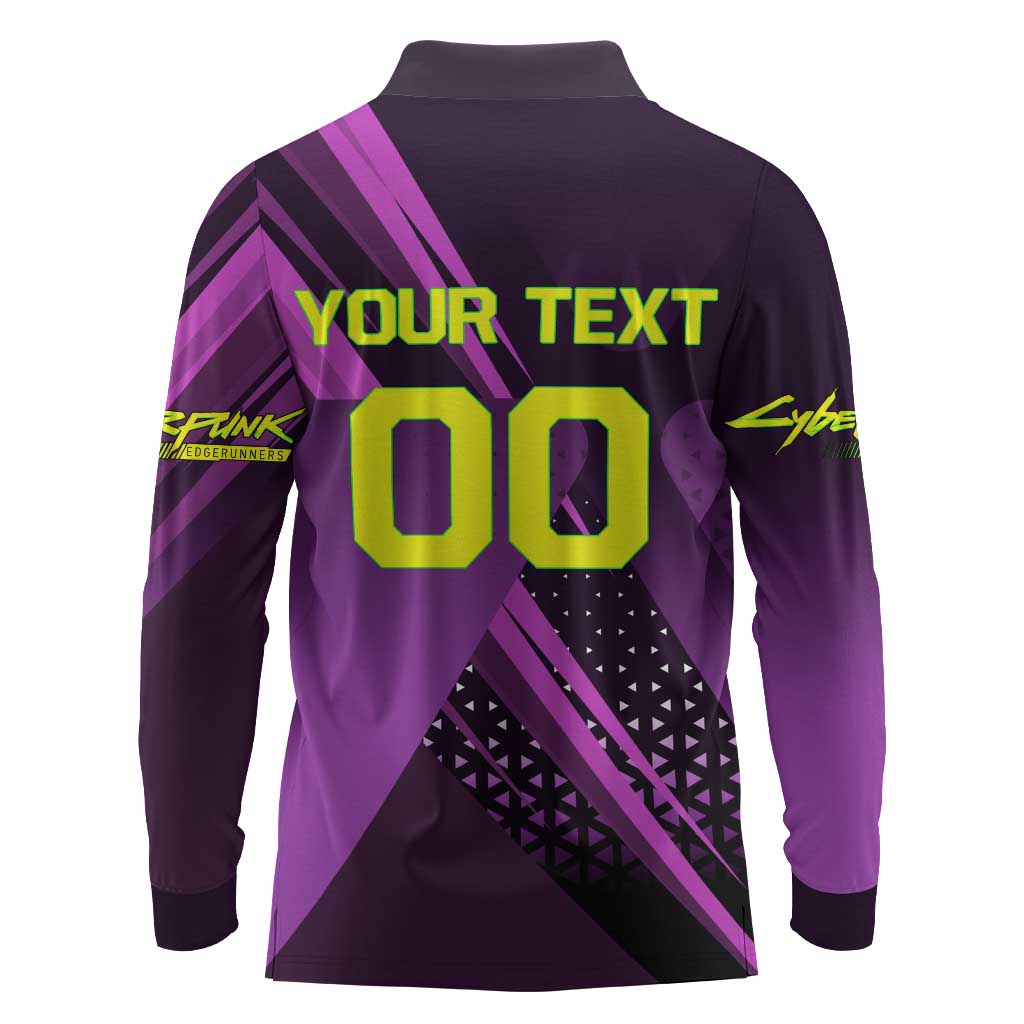 Personalized Lucy Tennis Design Long Sleeve Polo Shirt with a Cyberpunk Edgerunners Theme Featuring Neon Purple and Dynamic Poses