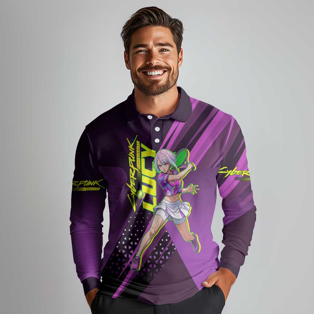 Personalized Lucy Tennis Design Long Sleeve Polo Shirt with a Cyberpunk Edgerunners Theme Featuring Neon Purple and Dynamic Poses