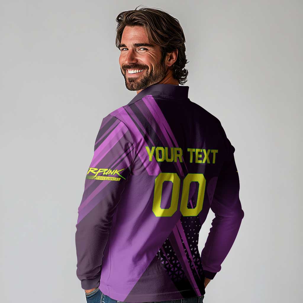 Personalized Lucy Tennis Design Long Sleeve Polo Shirt with a Cyberpunk Edgerunners Theme Featuring Neon Purple and Dynamic Poses