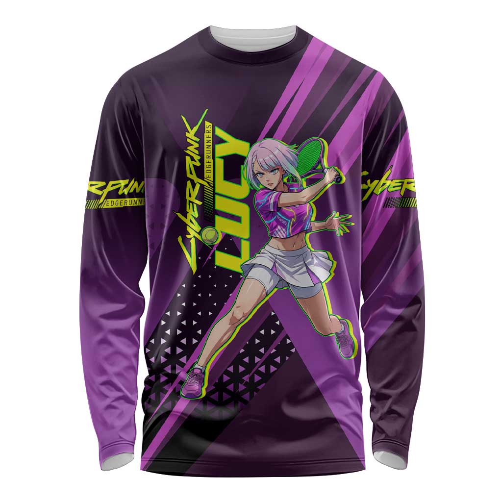 Personalized Lucy Tennis Design Long Sleeve Shirt with a Cyberpunk Edgerunners Theme Featuring Neon Purple and Dynamic Poses