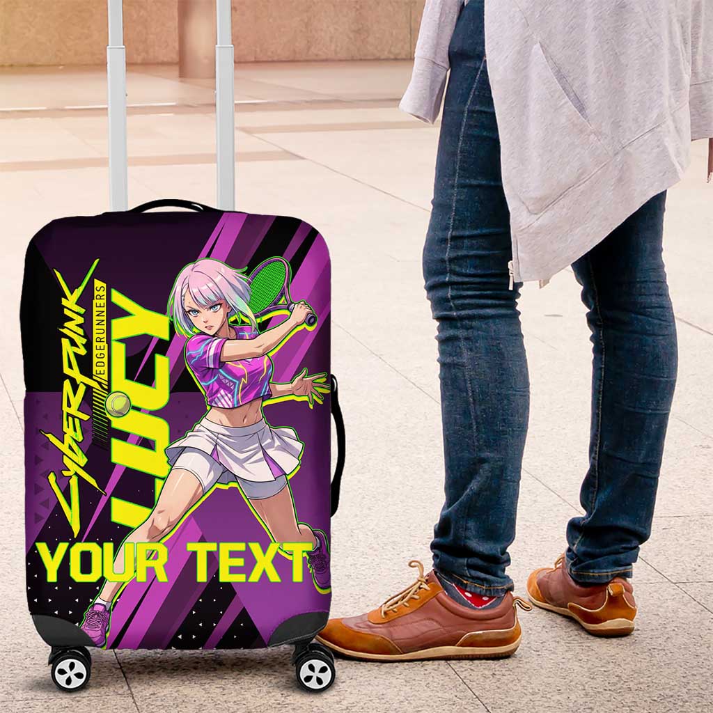 Personalized Lucy Tennis Design Luggage Cover with a Cyberpunk Edgerunners Theme Featuring Neon Purple and Dynamic Poses
