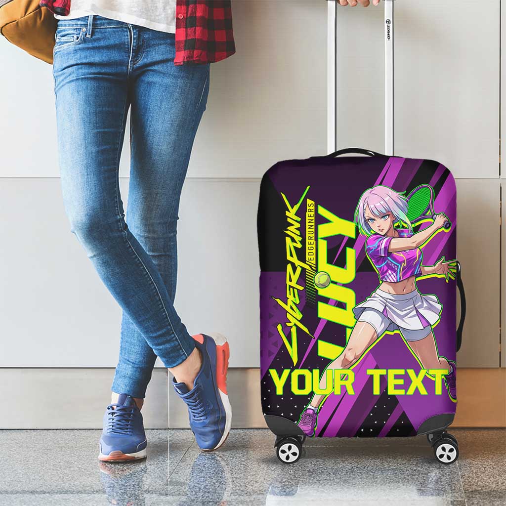 Personalized Lucy Tennis Design Luggage Cover with a Cyberpunk Edgerunners Theme Featuring Neon Purple and Dynamic Poses