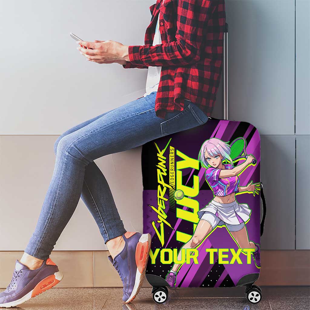 Personalized Lucy Tennis Design Luggage Cover with a Cyberpunk Edgerunners Theme Featuring Neon Purple and Dynamic Poses