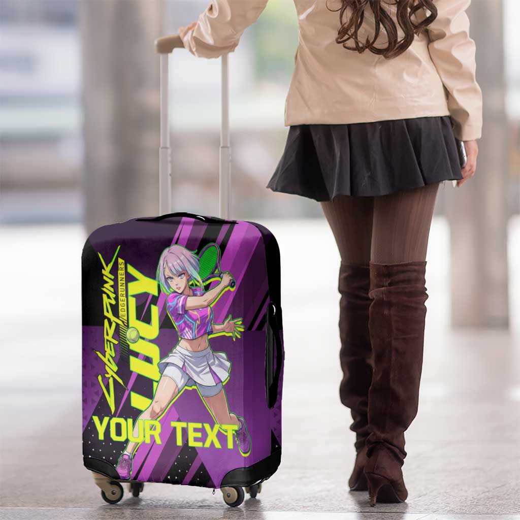 Personalized Lucy Tennis Design Luggage Cover with a Cyberpunk Edgerunners Theme Featuring Neon Purple and Dynamic Poses