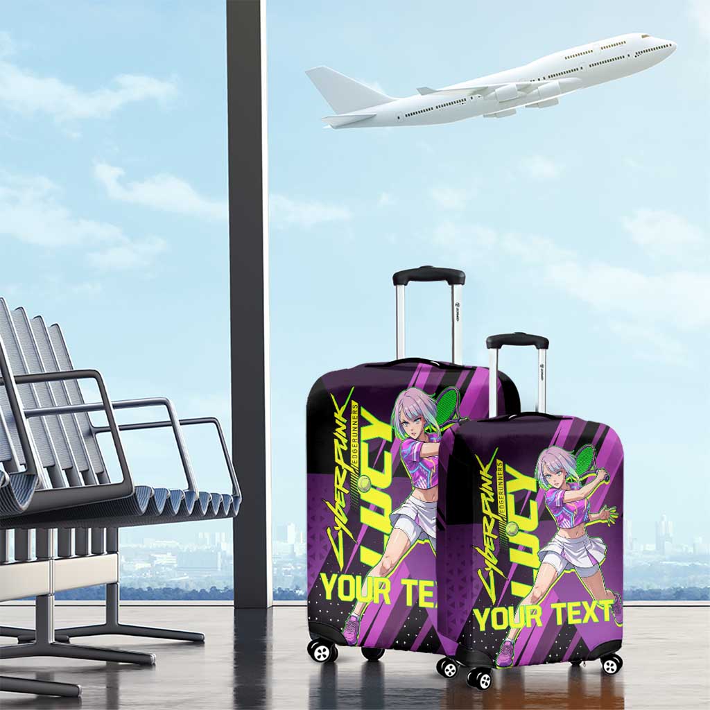 Personalized Lucy Tennis Design Luggage Cover with a Cyberpunk Edgerunners Theme Featuring Neon Purple and Dynamic Poses