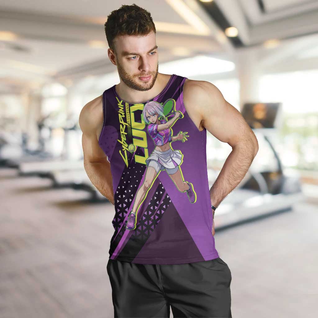 Personalized Lucy Tennis Design Men Tank Top with a Cyberpunk Edgerunners Theme Featuring Neon Purple and Dynamic Poses