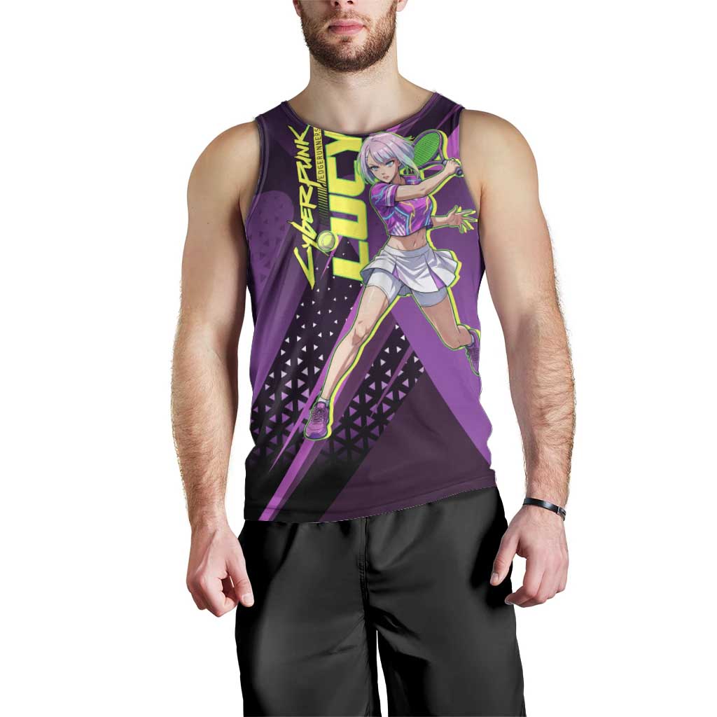 Personalized Lucy Tennis Design Men Tank Top with a Cyberpunk Edgerunners Theme Featuring Neon Purple and Dynamic Poses