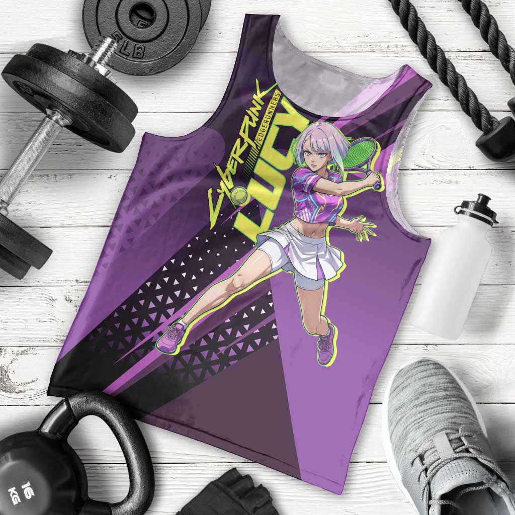 Personalized Lucy Tennis Design Men Tank Top with a Cyberpunk Edgerunners Theme Featuring Neon Purple and Dynamic Poses