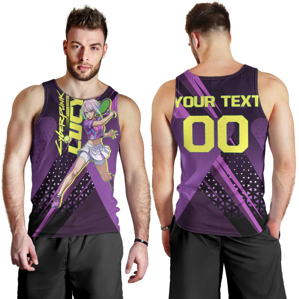 Personalized Lucy Tennis Design Men Tank Top with a Cyberpunk Edgerunners Theme Featuring Neon Purple and Dynamic Poses