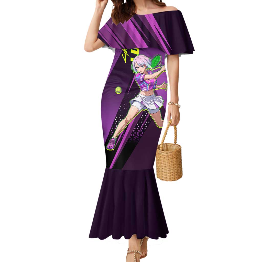 Personalized Lucy Tennis Design Mermaid Dress with a Cyberpunk Edgerunners Theme Featuring Neon Purple and Dynamic Poses