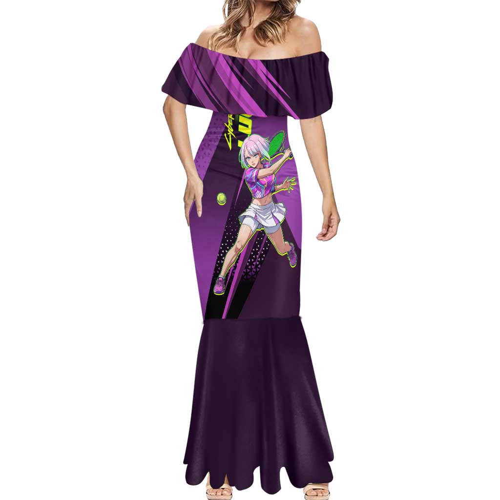 Personalized Lucy Tennis Design Mermaid Dress with a Cyberpunk Edgerunners Theme Featuring Neon Purple and Dynamic Poses