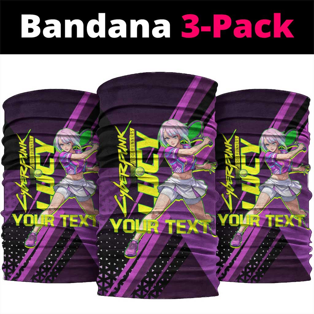 Personalized Lucy Tennis Design Neck Gaiter with a Cyberpunk Edgerunners Theme Featuring Neon Purple and Dynamic Poses