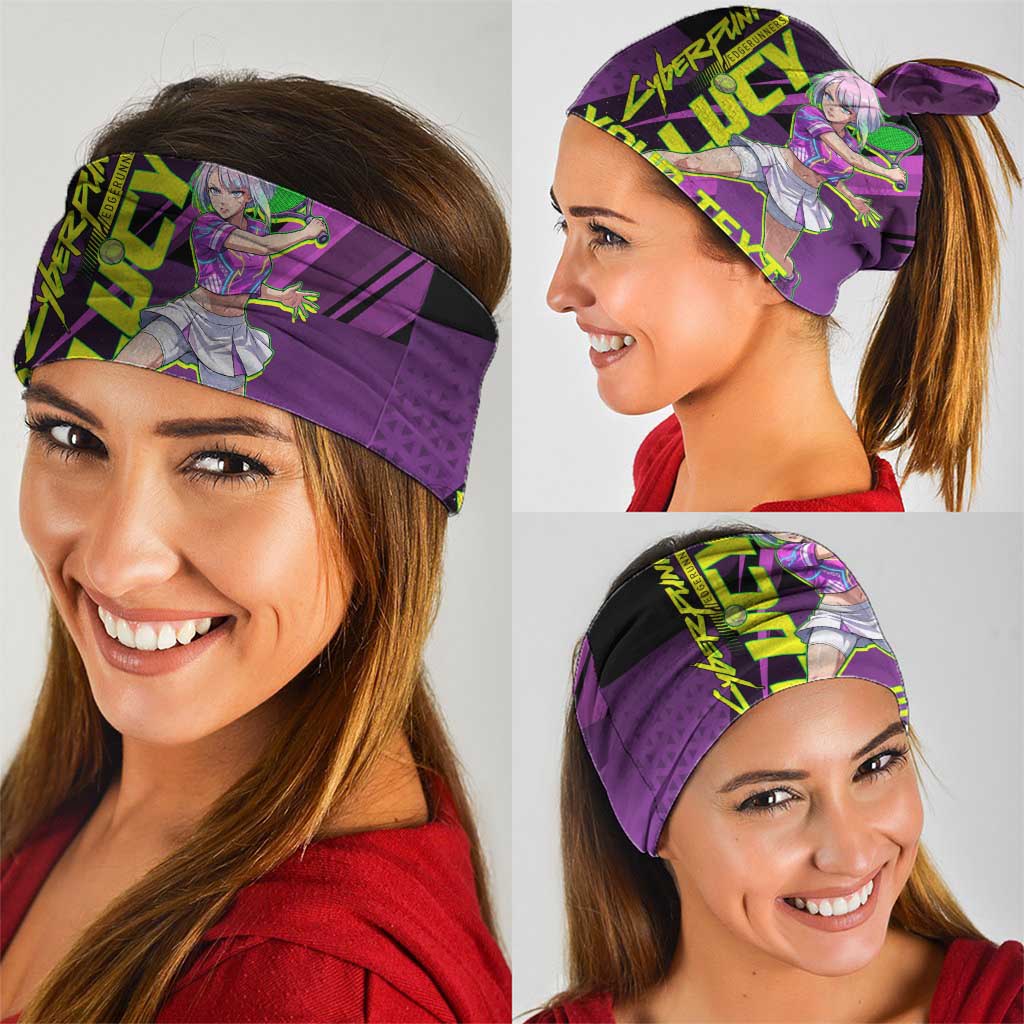 Personalized Lucy Tennis Design Neck Gaiter with a Cyberpunk Edgerunners Theme Featuring Neon Purple and Dynamic Poses