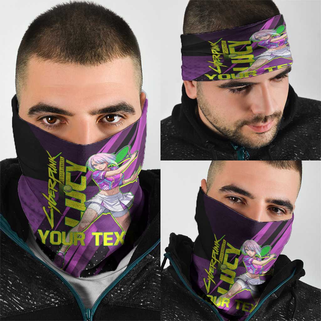 Personalized Lucy Tennis Design Neck Gaiter with a Cyberpunk Edgerunners Theme Featuring Neon Purple and Dynamic Poses