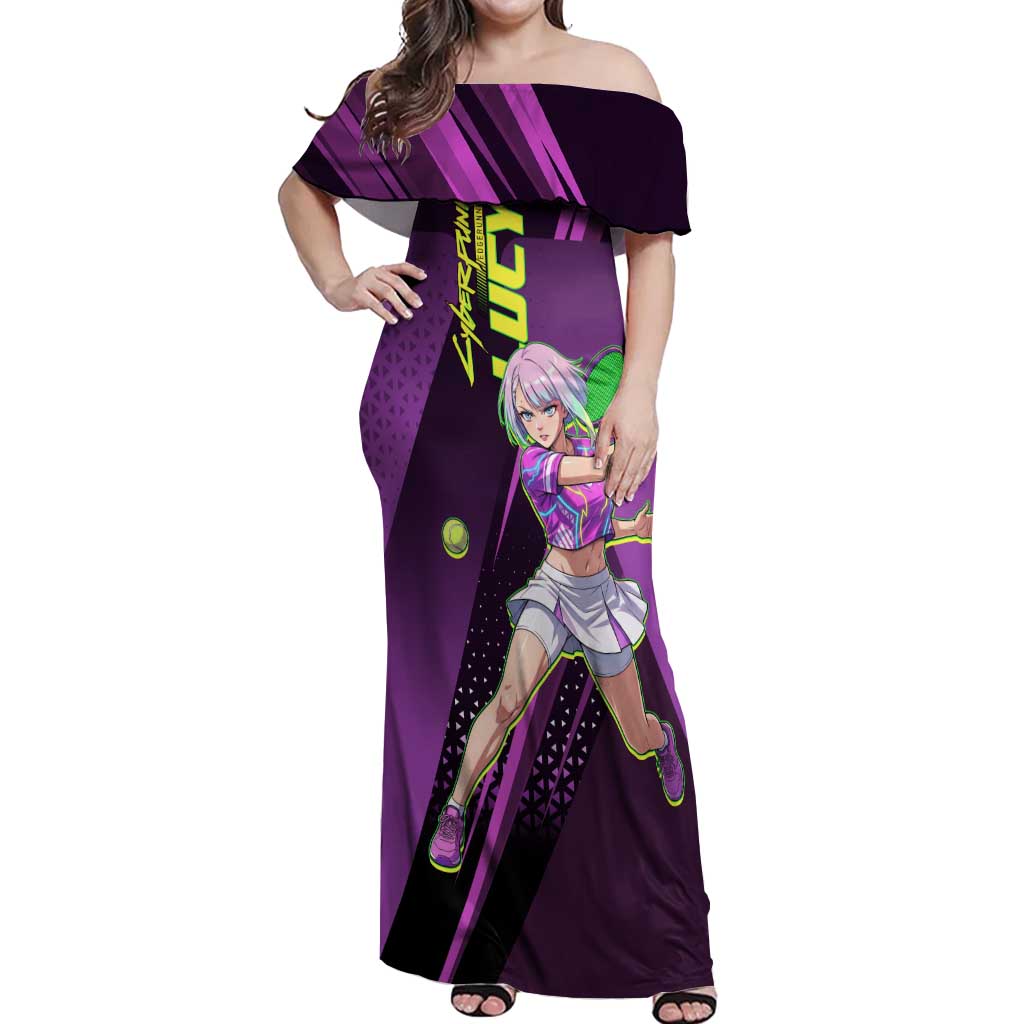 Personalized Lucy Tennis Design Off Shoulder Maxi Dress with a Cyberpunk Edgerunners Theme Featuring Neon Purple and Dynamic Poses