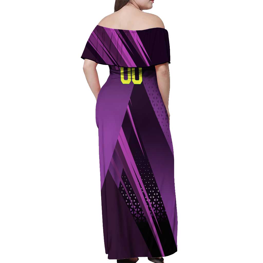 Personalized Lucy Tennis Design Off Shoulder Maxi Dress with a Cyberpunk Edgerunners Theme Featuring Neon Purple and Dynamic Poses