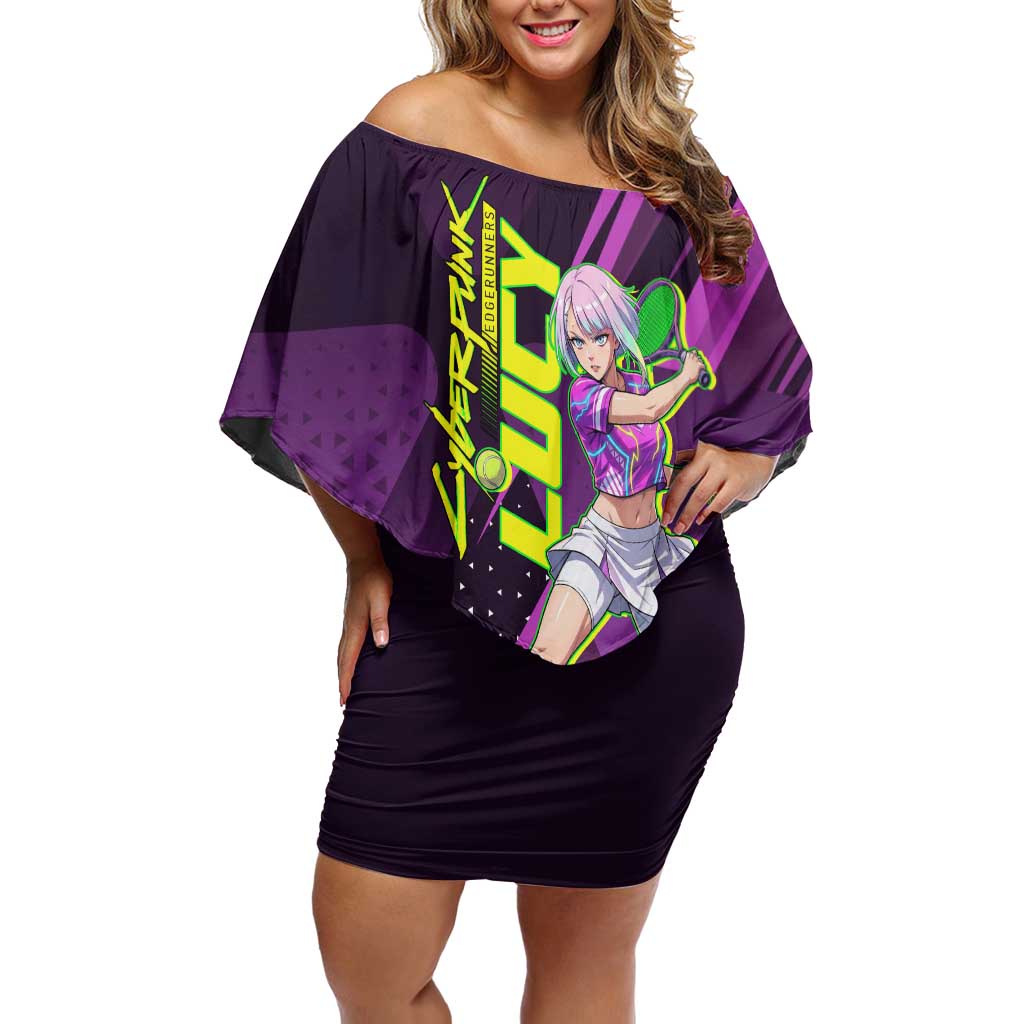 Personalized Lucy Tennis Design Off Shoulder Short Dress with a Cyberpunk Edgerunners Theme Featuring Neon Purple and Dynamic Poses
