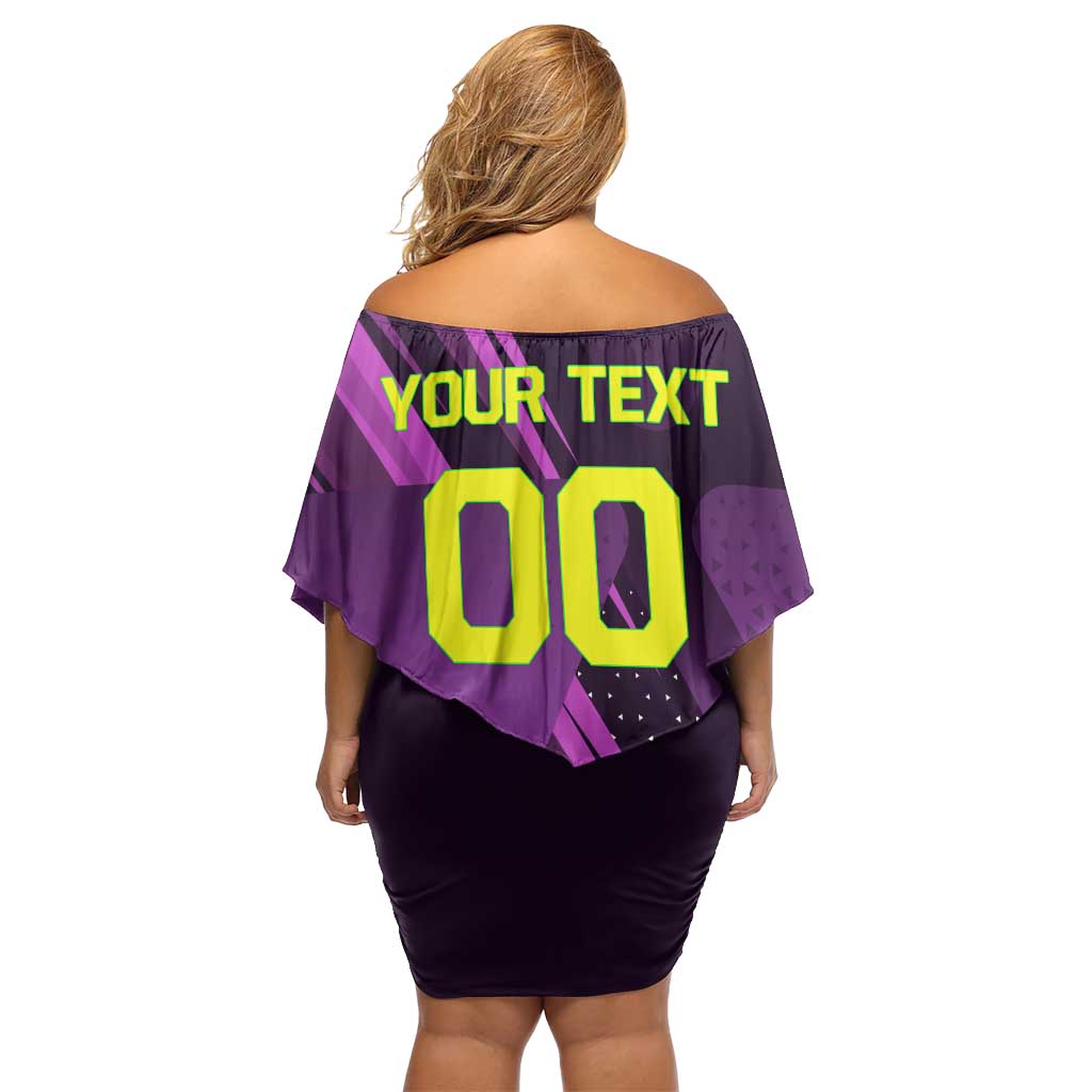 Personalized Lucy Tennis Design Off Shoulder Short Dress with a Cyberpunk Edgerunners Theme Featuring Neon Purple and Dynamic Poses