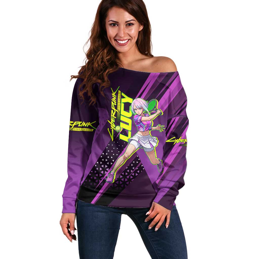 Personalized Lucy Tennis Design Off Shoulder Sweater with a Cyberpunk Edgerunners Theme Featuring Neon Purple and Dynamic Poses