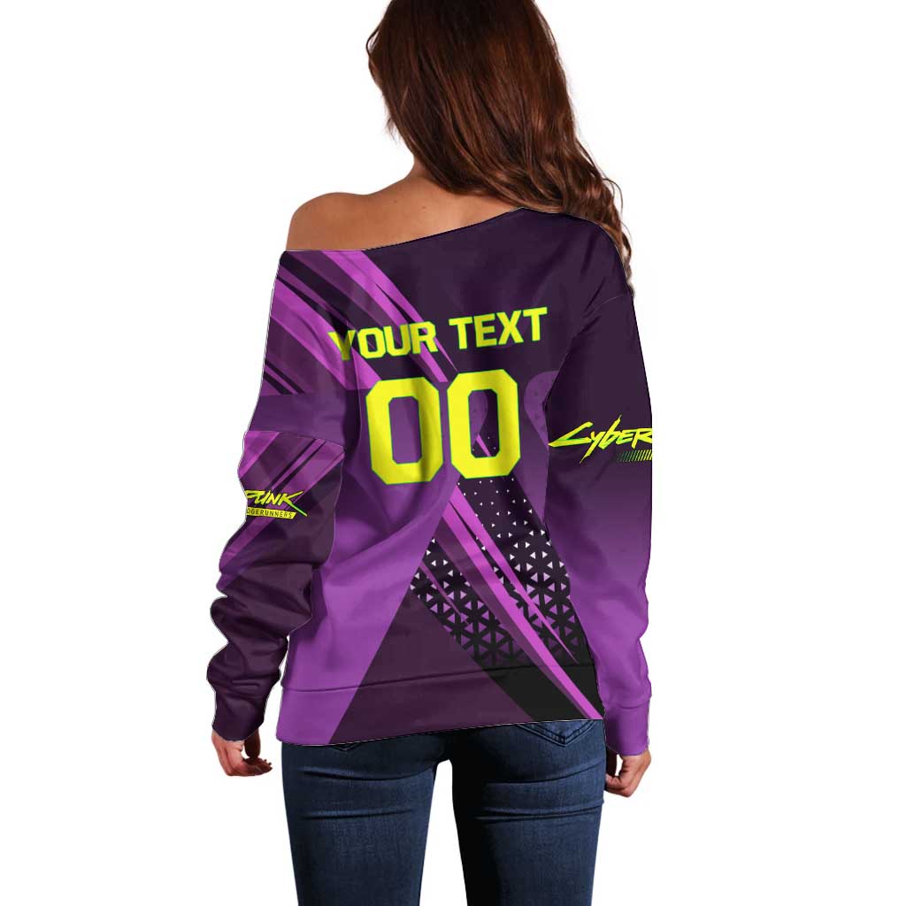 Personalized Lucy Tennis Design Off Shoulder Sweater with a Cyberpunk Edgerunners Theme Featuring Neon Purple and Dynamic Poses