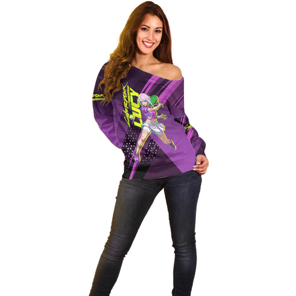 Personalized Lucy Tennis Design Off Shoulder Sweater with a Cyberpunk Edgerunners Theme Featuring Neon Purple and Dynamic Poses