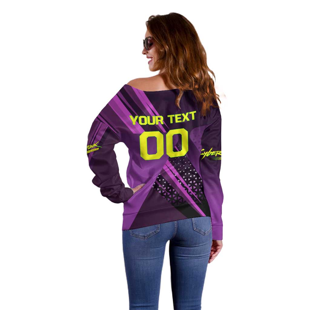 Personalized Lucy Tennis Design Off Shoulder Sweater with a Cyberpunk Edgerunners Theme Featuring Neon Purple and Dynamic Poses
