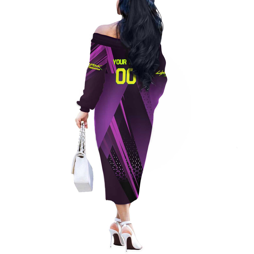 Personalized Lucy Tennis Design Off The Shoulder Long Sleeve Dress with a Cyberpunk Edgerunners Theme Featuring Neon Purple and Dynamic Poses