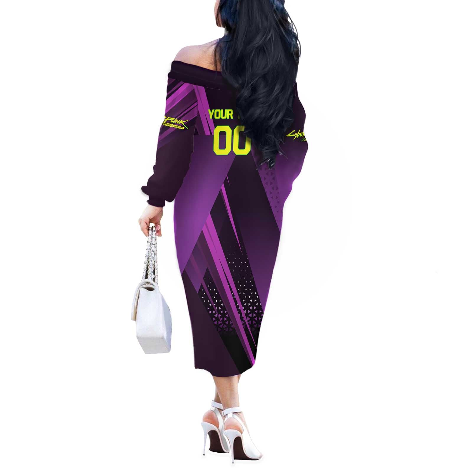 Personalized Lucy Tennis Design Off The Shoulder Long Sleeve Dress with a Cyberpunk Edgerunners Theme Featuring Neon Purple and Dynamic Poses