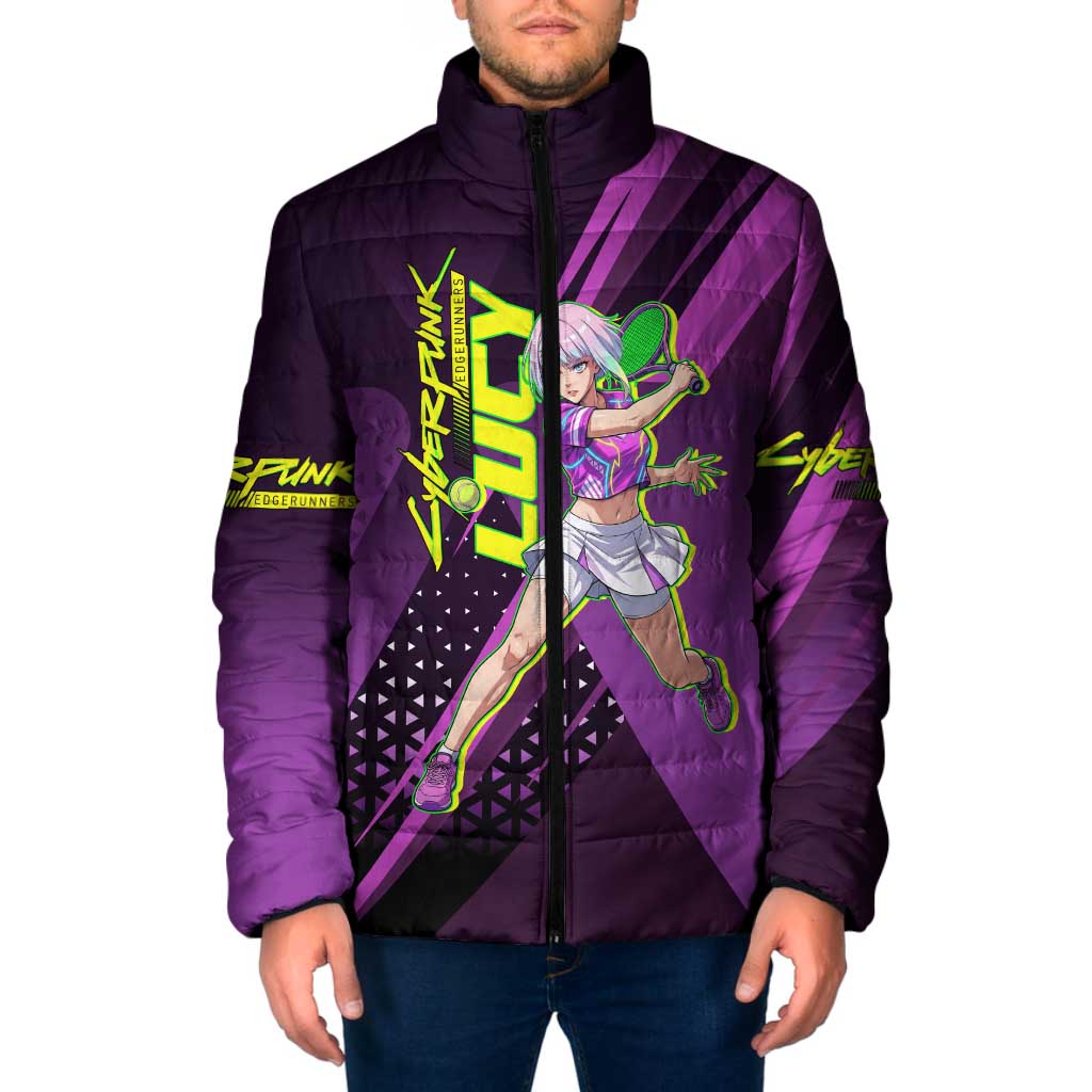 Personalized Lucy Tennis Design Padded Jacket with a Cyberpunk Edgerunners Theme Featuring Neon Purple and Dynamic Poses