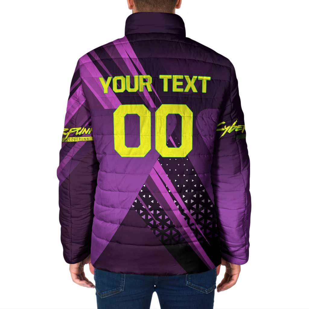 Personalized Lucy Tennis Design Padded Jacket with a Cyberpunk Edgerunners Theme Featuring Neon Purple and Dynamic Poses
