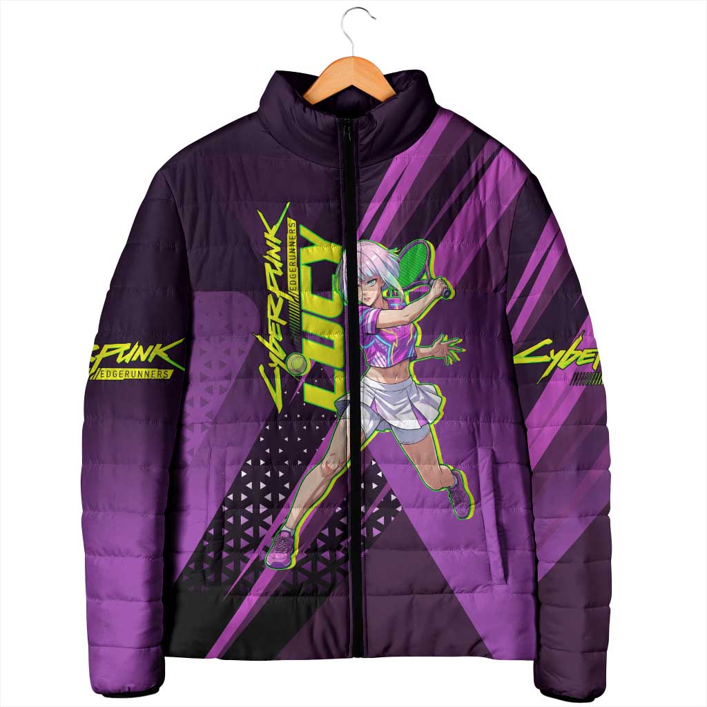 Personalized Lucy Tennis Design Padded Jacket with a Cyberpunk Edgerunners Theme Featuring Neon Purple and Dynamic Poses