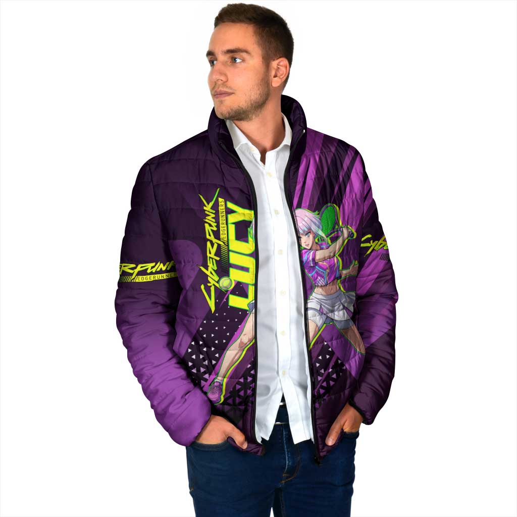 Personalized Lucy Tennis Design Padded Jacket with a Cyberpunk Edgerunners Theme Featuring Neon Purple and Dynamic Poses