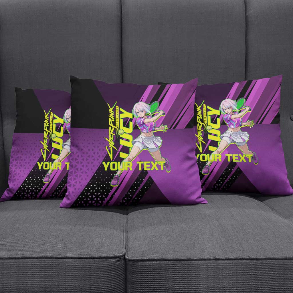 Personalized Lucy Tennis Design Pillow Cover with a Cyberpunk Edgerunners Theme Featuring Neon Purple and Dynamic Poses