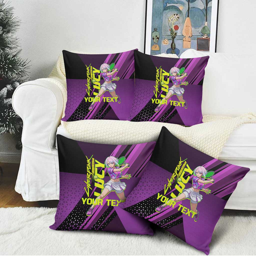 Personalized Lucy Tennis Design Pillow Cover with a Cyberpunk Edgerunners Theme Featuring Neon Purple and Dynamic Poses