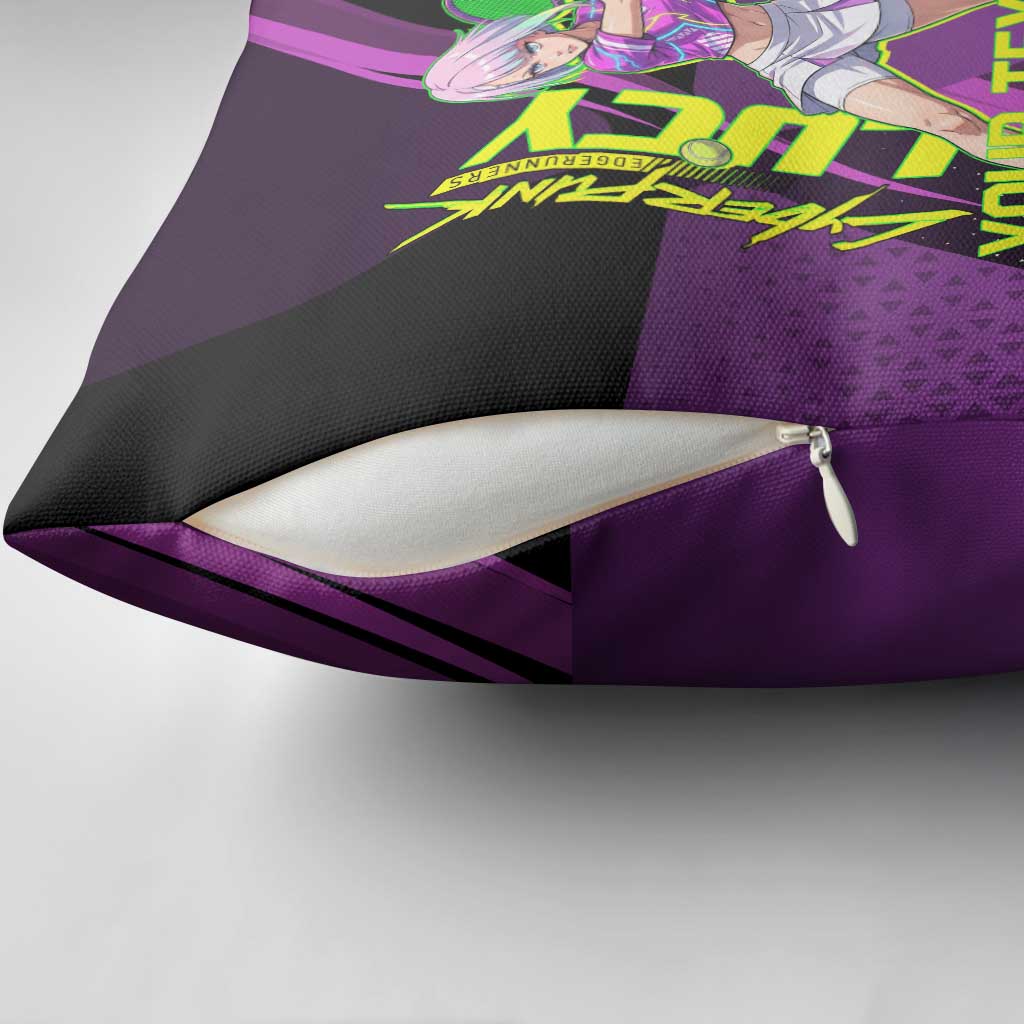 Personalized Lucy Tennis Design Pillow Cover with a Cyberpunk Edgerunners Theme Featuring Neon Purple and Dynamic Poses