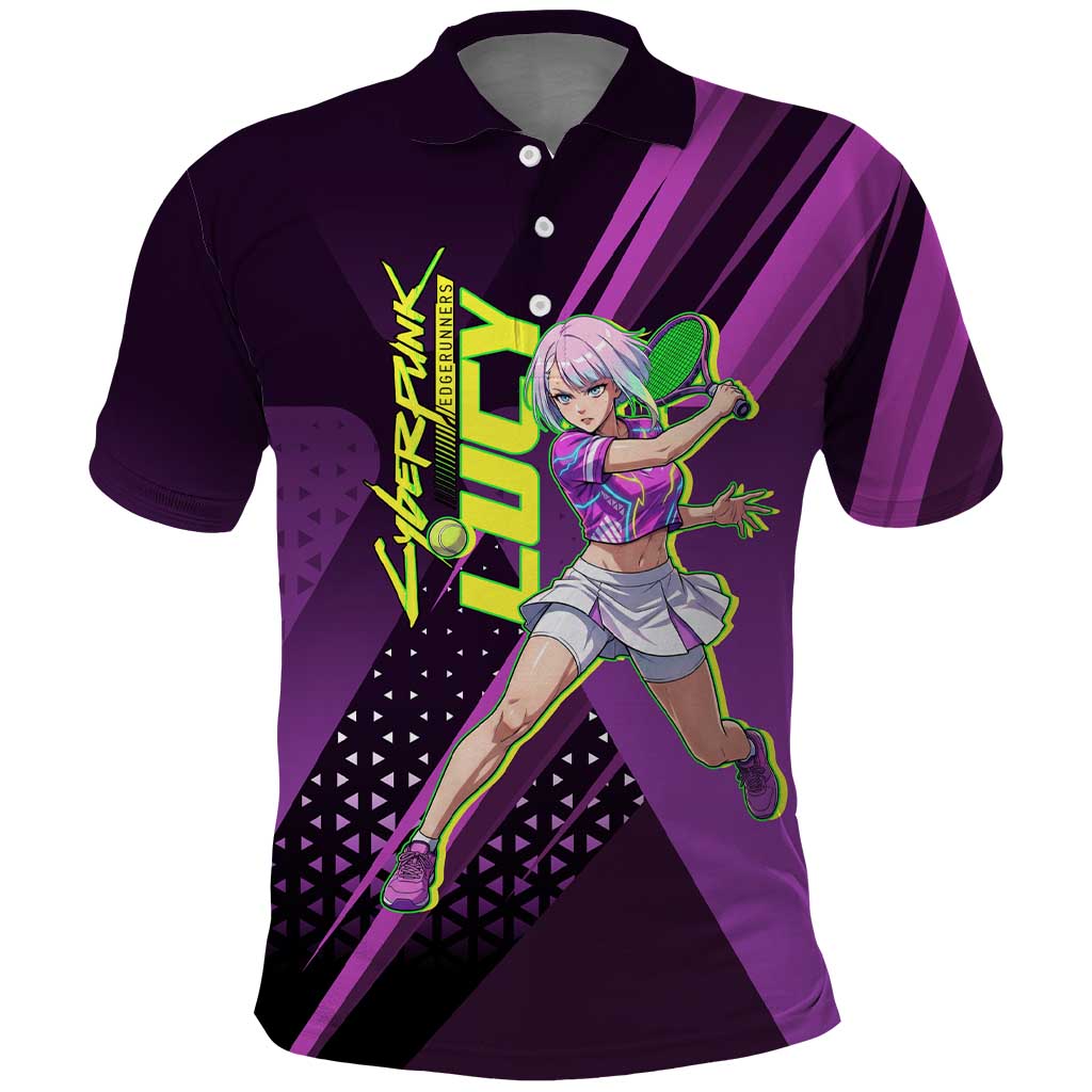 Personalized Lucy Tennis Design Polo Shirt with a Cyberpunk Edgerunners Theme Featuring Neon Purple and Dynamic Poses
