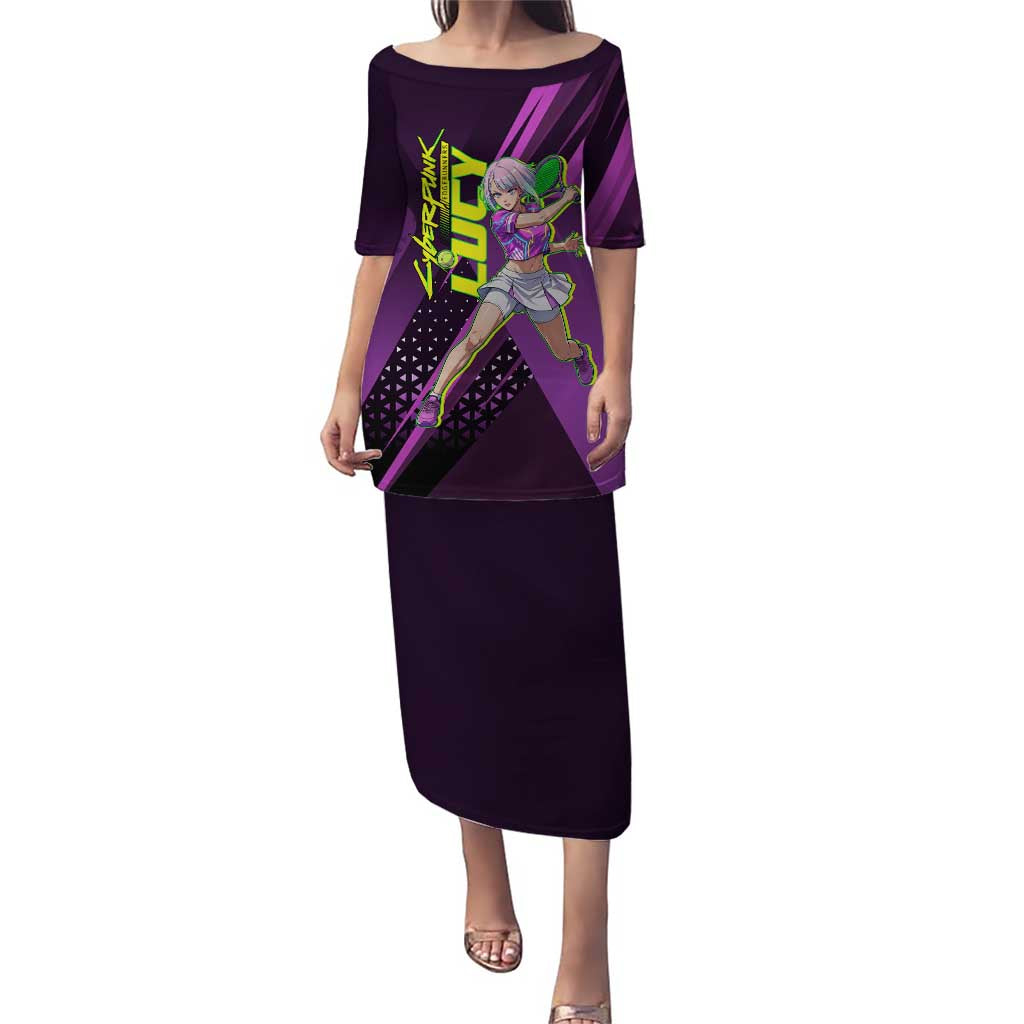 Personalized Lucy Tennis Design Puletasi with a Cyberpunk Edgerunners Theme Featuring Neon Purple and Dynamic Poses