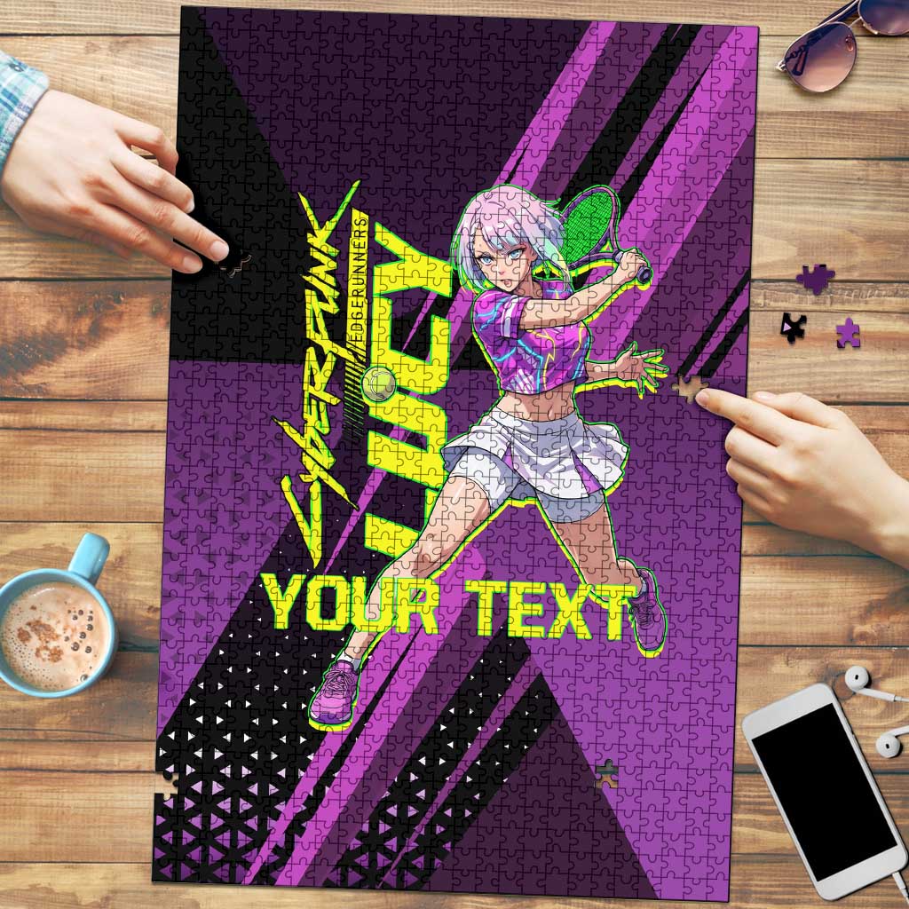 Personalized Lucy Tennis Design Puzzle with a Cyberpunk Edgerunners Theme Featuring Neon Purple and Dynamic Poses