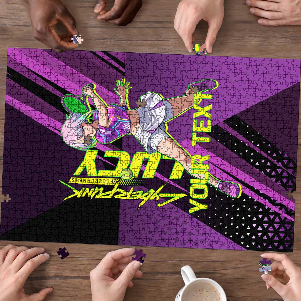 Personalized Lucy Tennis Design Puzzle with a Cyberpunk Edgerunners Theme Featuring Neon Purple and Dynamic Poses