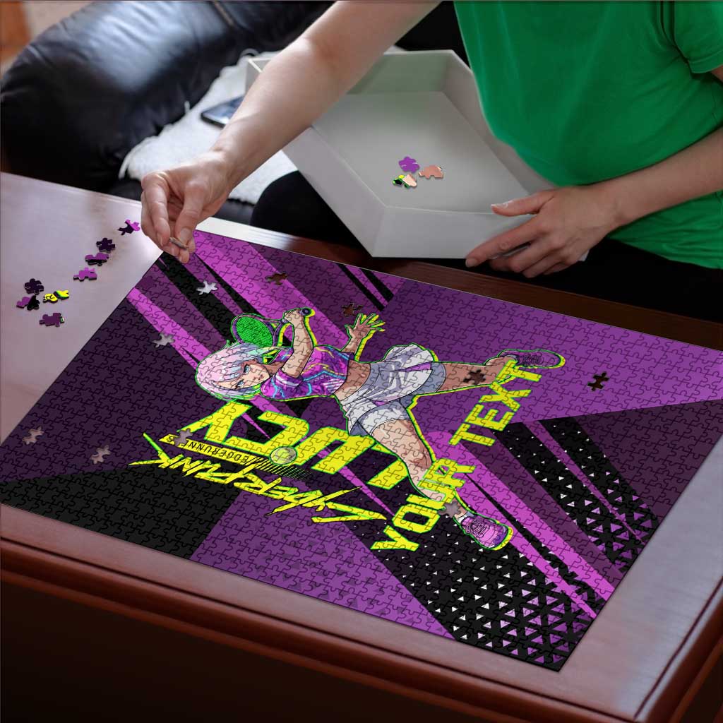 Personalized Lucy Tennis Design Puzzle with a Cyberpunk Edgerunners Theme Featuring Neon Purple and Dynamic Poses