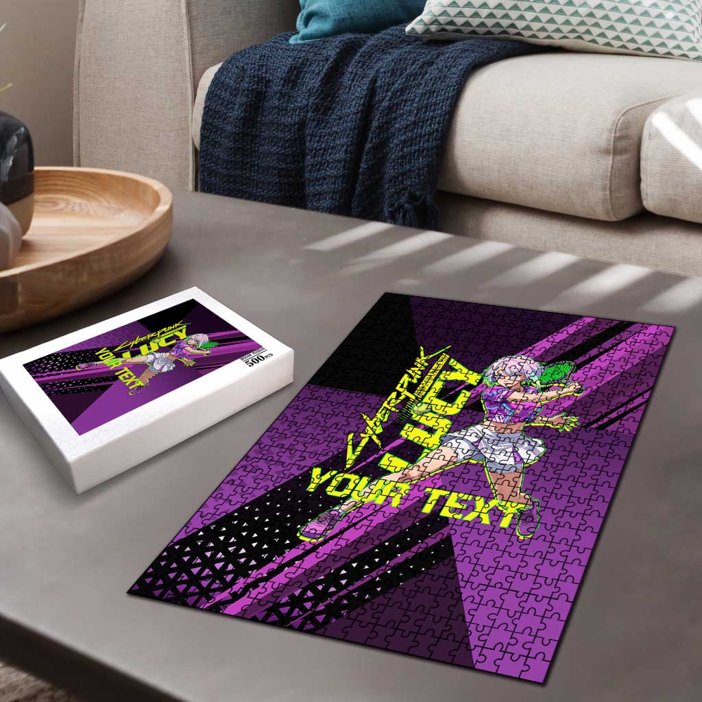 Personalized Lucy Tennis Design Puzzle with a Cyberpunk Edgerunners Theme Featuring Neon Purple and Dynamic Poses