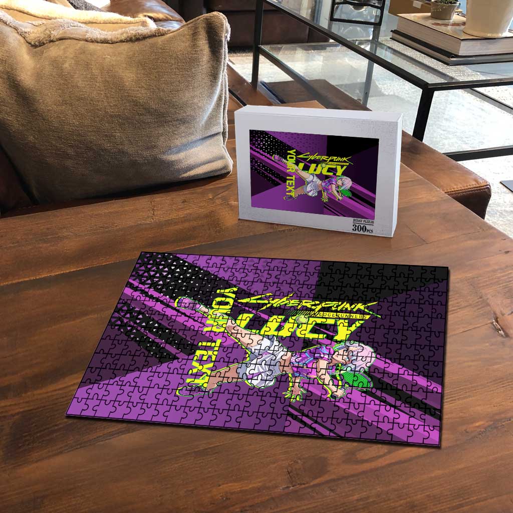 Personalized Lucy Tennis Design Puzzle with a Cyberpunk Edgerunners Theme Featuring Neon Purple and Dynamic Poses
