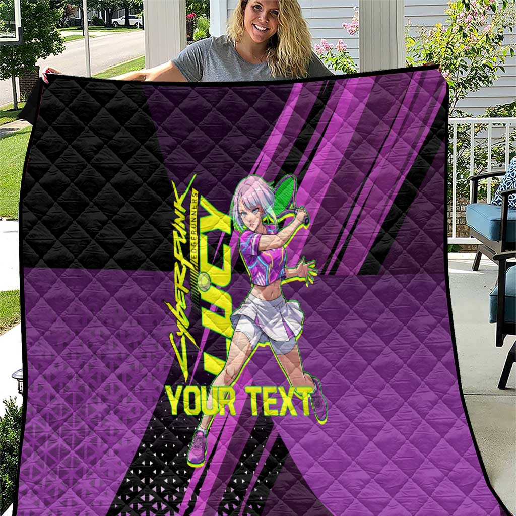 Personalized Lucy Tennis Design Quilt with a Cyberpunk Edgerunners Theme Featuring Neon Purple and Dynamic Poses