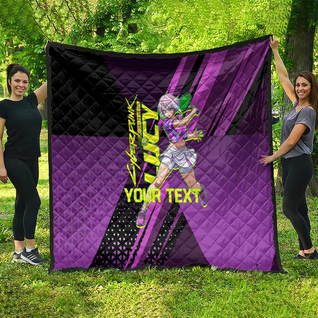 Personalized Lucy Tennis Design Quilt with a Cyberpunk Edgerunners Theme Featuring Neon Purple and Dynamic Poses