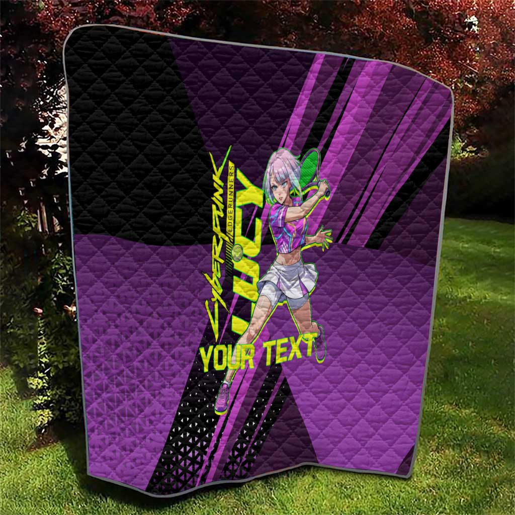 Personalized Lucy Tennis Design Quilt with a Cyberpunk Edgerunners Theme Featuring Neon Purple and Dynamic Poses