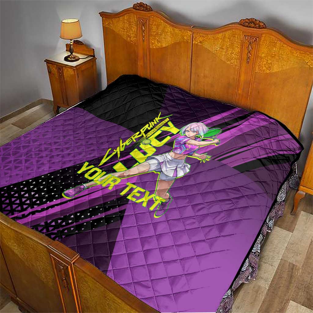 Personalized Lucy Tennis Design Quilt with a Cyberpunk Edgerunners Theme Featuring Neon Purple and Dynamic Poses